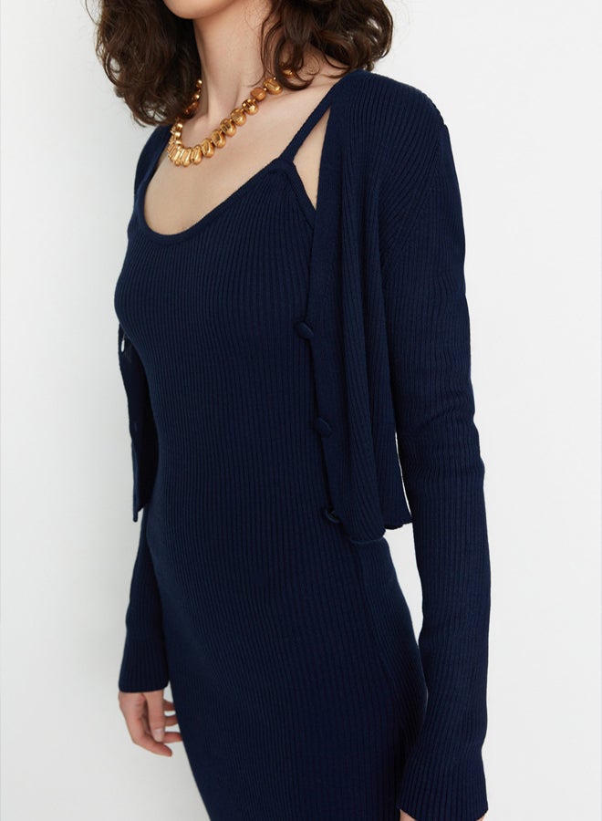 trendyol Navy Blue Fitted Midi Knitwear Cardigan Dress Suit - Image 3