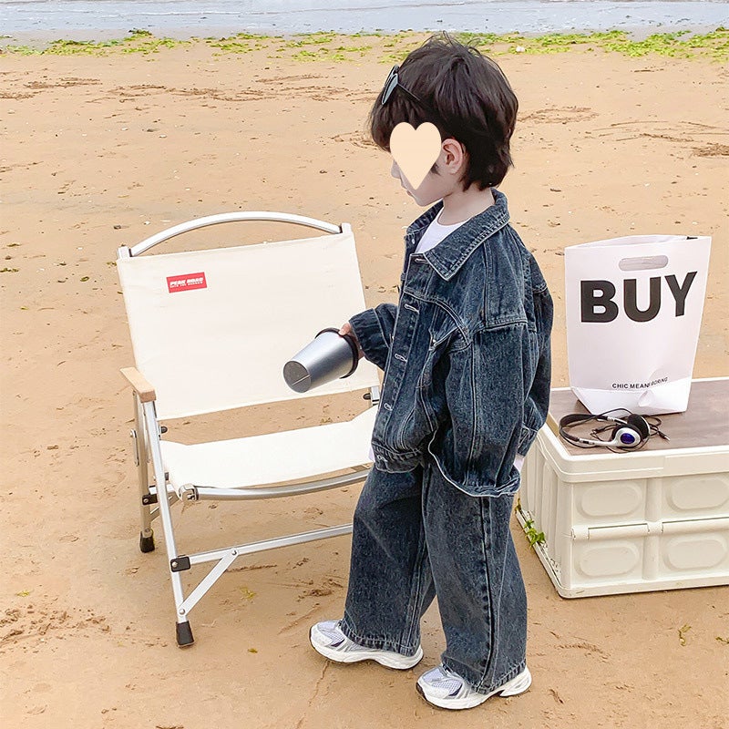 [30,000 People] Boys' Denim Suit Autumn Style Kidsren'S Handsome And Fashionable Street Tops Wide-Leg Pants - Image 4