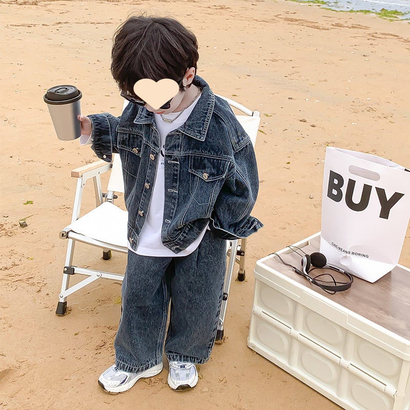 [30,000 People] Boys' Denim Suit Autumn Style Kidsren'S Handsome And Fashionable Street Tops Wide-Leg Pants - Image 2