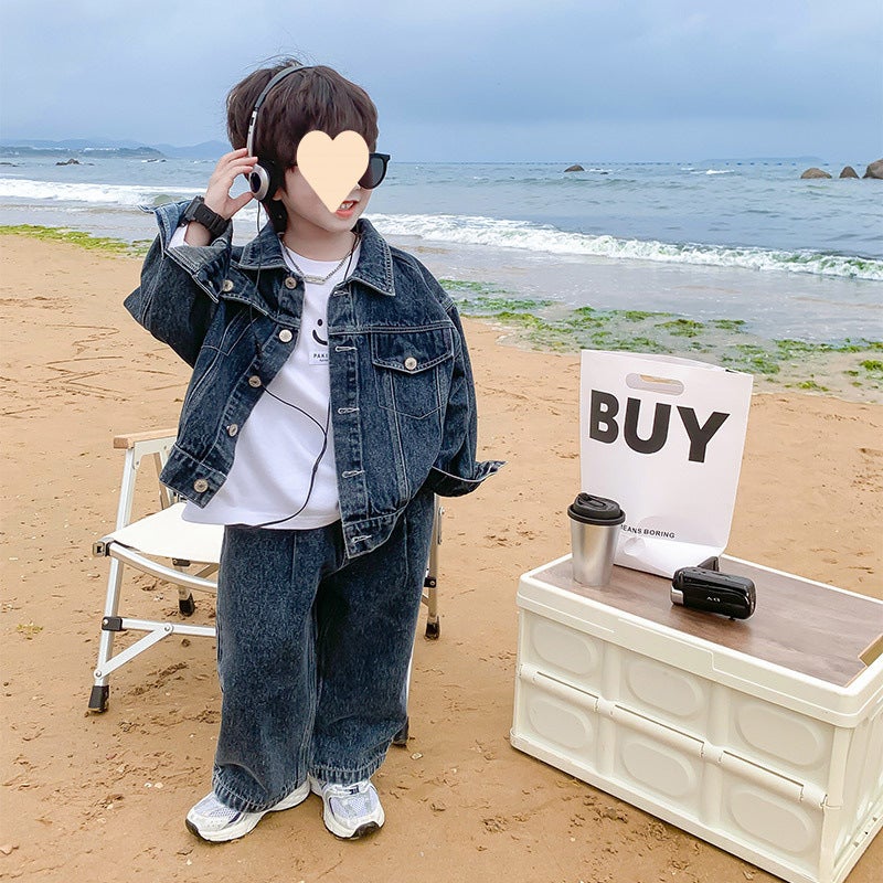 [30,000 People] Boys' Denim Suit Autumn Style Kidsren'S Handsome And Fashionable Street Tops Wide-Leg Pants - Image 3