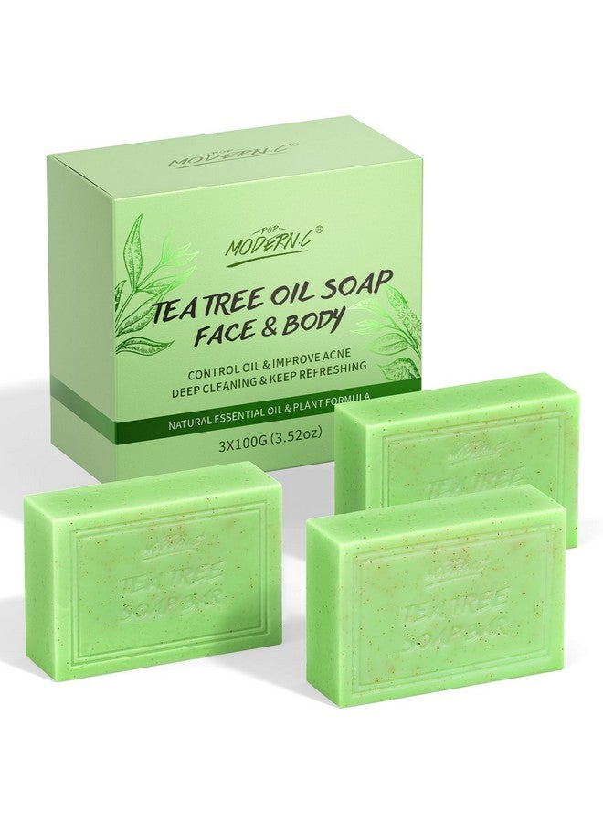 POP MODERN.C Tea Tree Soap Bar for Face & Body Wash Tea Tree Oil Bath Soaps for Athlete's Foot Body Odor Acne Deep Clean Men Women All Skin Types with Mesh Soap Bag 3x100G - Image 1