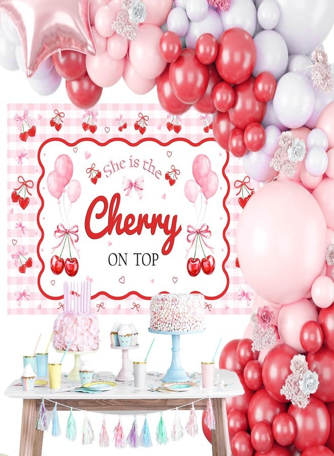 Mocsicka She's The Cherry on Top Baby Shower Backdrop Banner for Girl Cherry Theme Coquette Bridal Shower Decorations Pink Bow Party Decor Cherry Bride to Be Engagement Party Decor - Image 2