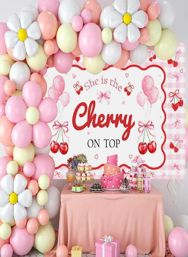 Mocsicka She's The Cherry on Top Baby Shower Backdrop Banner for Girl Cherry Theme Coquette Bridal Shower Decorations Pink Bow Party Decor Cherry Bride to Be Engagement Party Decor - Image 4