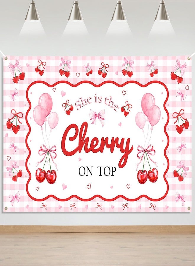 Mocsicka She's The Cherry on Top Baby Shower Backdrop Banner for Girl Cherry Theme Coquette Bridal Shower Decorations Pink Bow Party Decor Cherry Bride to Be Engagement Party Decor - Image 1