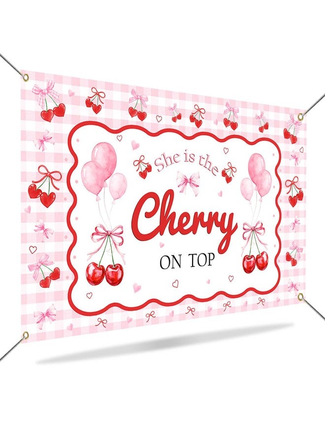Mocsicka She's The Cherry on Top Baby Shower Backdrop Banner for Girl Cherry Theme Coquette Bridal Shower Decorations Pink Bow Party Decor Cherry Bride to Be Engagement Party Decor - Image 5
