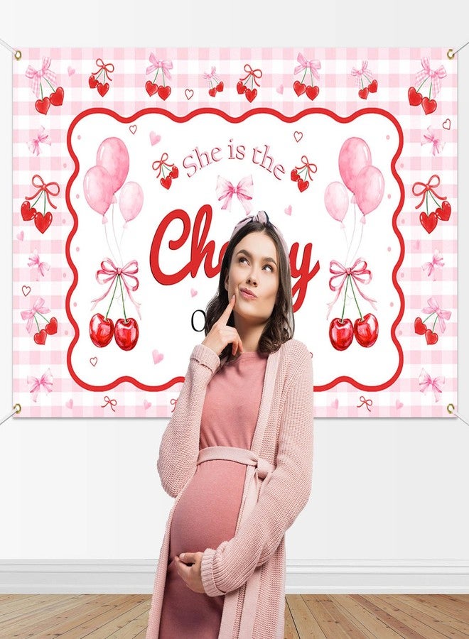 Mocsicka She's The Cherry on Top Baby Shower Backdrop Banner for Girl Cherry Theme Coquette Bridal Shower Decorations Pink Bow Party Decor Cherry Bride to Be Engagement Party Decor - Image 3