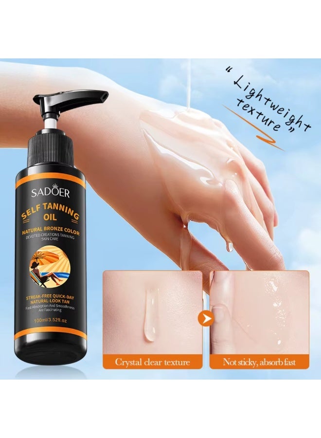 SADOER 100 مل زيت تسمير ذاتي لون برونزي طبيعي للوجه والجسم مرطب طبيعي لتسمير يعمق لون البشرة والجمال زيت تسمير سريع الجفاف تركيبة خفيفة الوزن زيت تسمير ذاتي برونزي عميق - Image 2