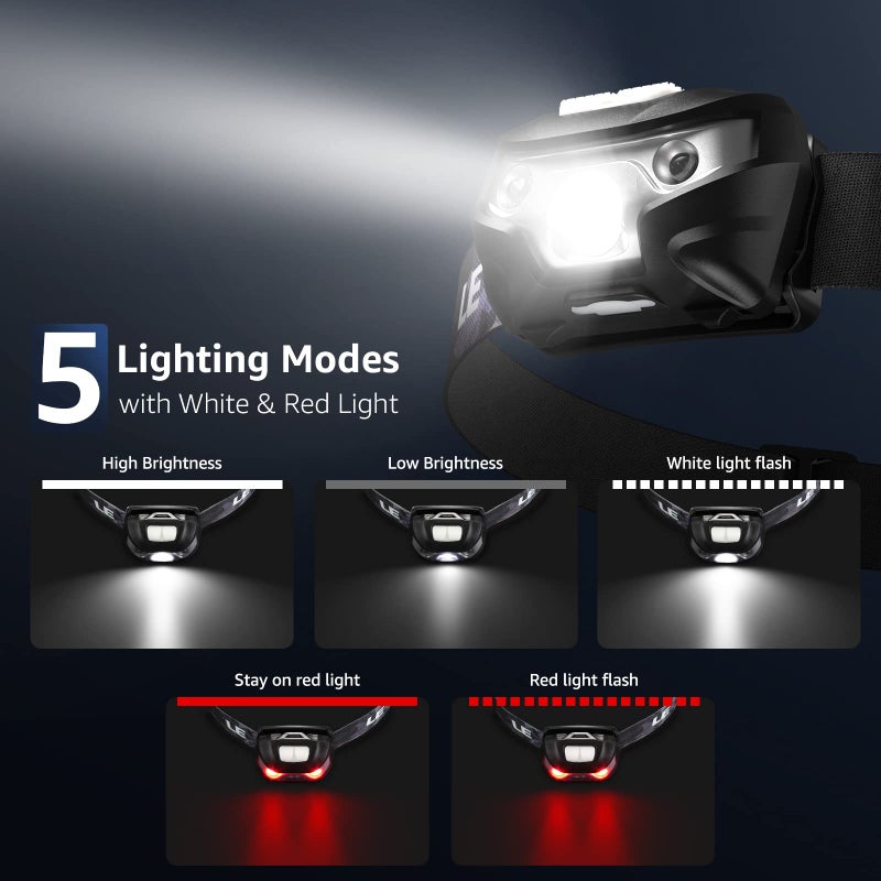 Lighting EVER Lighting Ever LED Headlamp Rechargeable 2 Packs - Super Bright Head Lamp with 5 Modes for Camping & Hiking Gear Essentials, IPX4 Waterproof Headlight Flashlight with Red Light, USB Cable Included  - Image 4