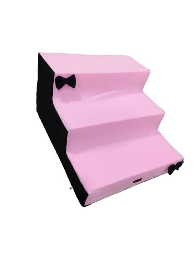 Dog/Cat Stairs/Polythene Foam Ladder 3 Steps Ramp/Ladder Pink and Black Color Dog Stairs to get on High Bed for Cat and Pet Steps at Home or Portable (Pink & Black) with Bow - Image 1