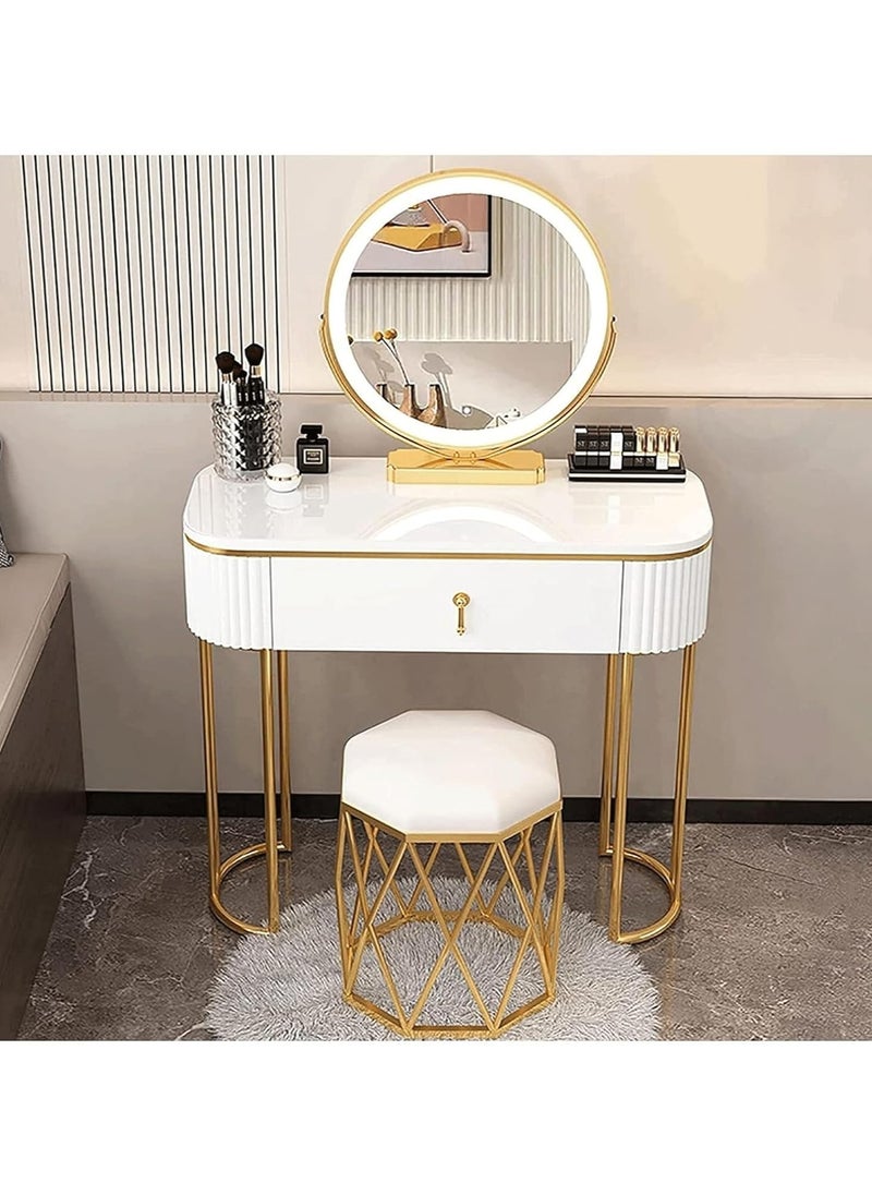 DubaiGallery - Lighted Mirror Dressing Table Bedroom Makeup Table with Drawer - Gold Makeup Vanity Mirror and Stool - Image 1