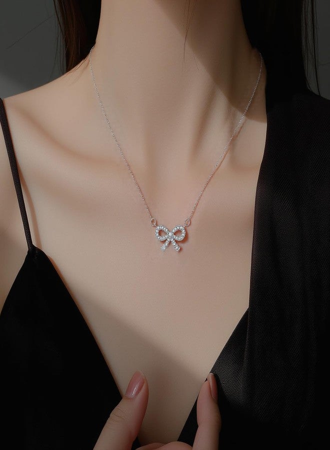 SLUYNZ Solid 925 Sterling Silver Bow Choker Necklace for Women Teen Girls Sparkling CZ Bowknot Pendant Necklace (A-Sterling Silver) - Image 3