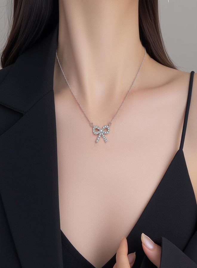 SLUYNZ Solid 925 Sterling Silver Bow Choker Necklace for Women Teen Girls Sparkling CZ Bowknot Pendant Necklace (A-Sterling Silver) - Image 2