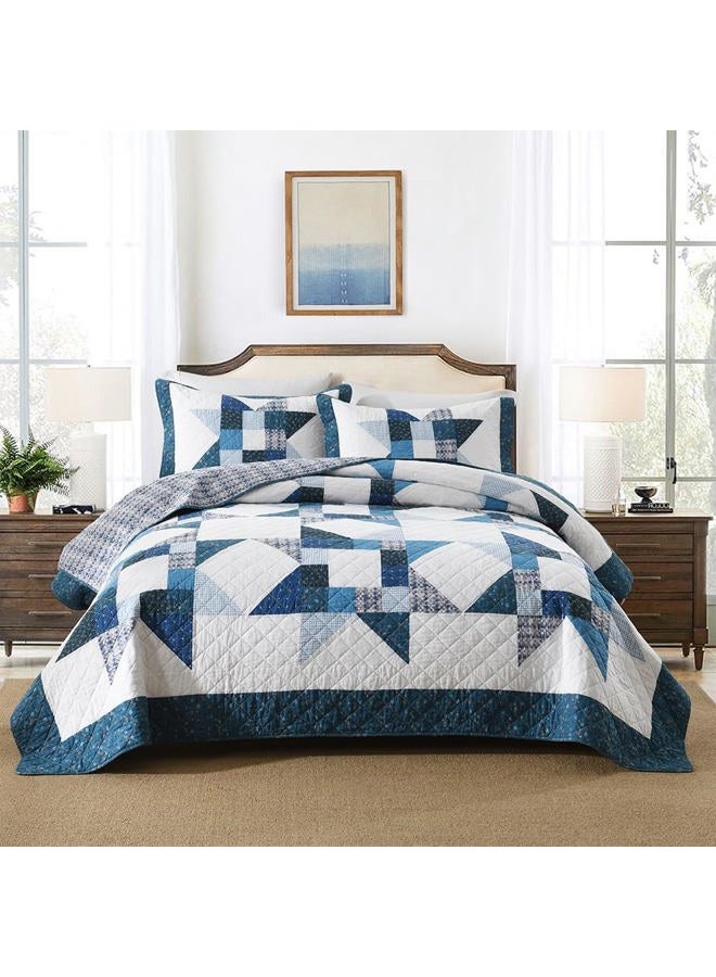 camandy Cotton Quilt Bedding Sets 3 Pieces Soft Reversible Coverlets Luxury Star Real Patchwork Bedspread, Blue White, King Size - Image 1