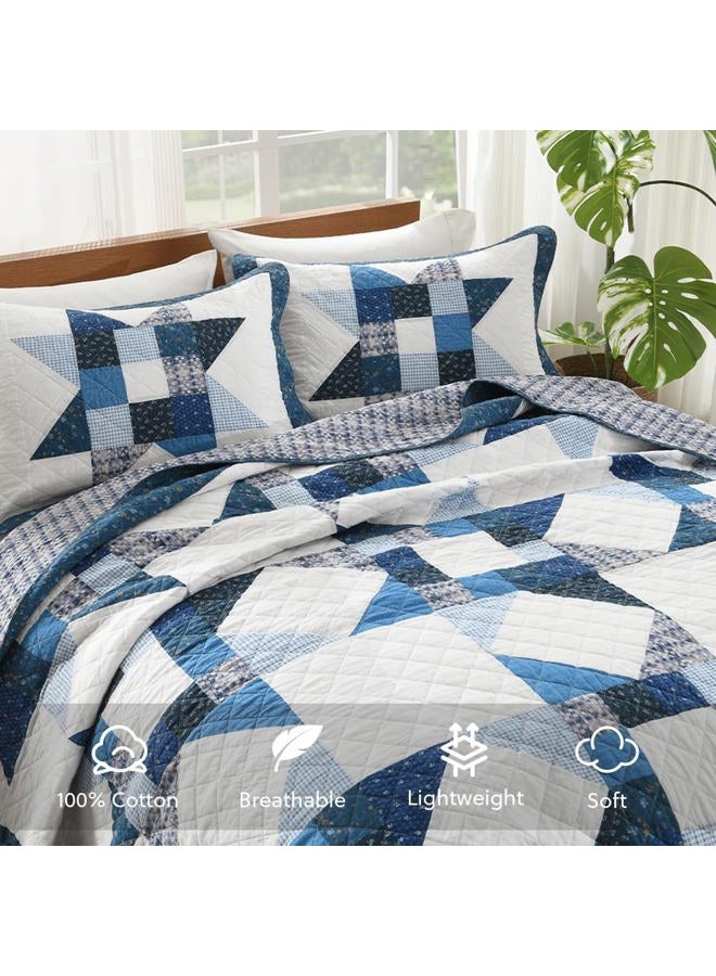 camandy Cotton Quilt Bedding Sets 3 Pieces Soft Reversible Coverlets Luxury Star Real Patchwork Bedspread, Blue White, King Size - Image 3