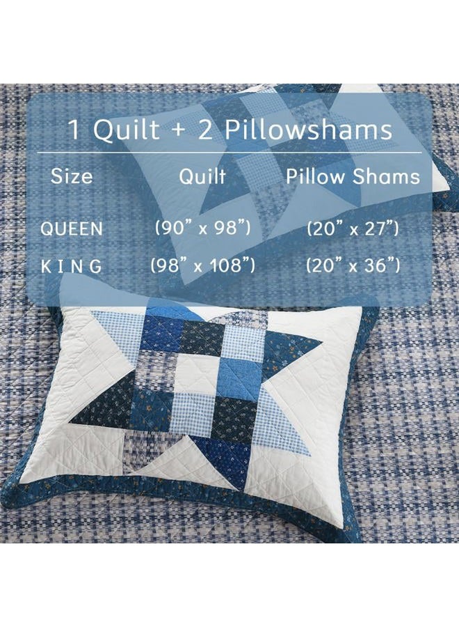 camandy Cotton Quilt Bedding Sets 3 Pieces Soft Reversible Coverlets Luxury Star Real Patchwork Bedspread, Blue White, King Size - Image 5