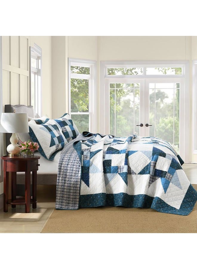 camandy Cotton Quilt Bedding Sets 3 Pieces Soft Reversible Coverlets Luxury Star Real Patchwork Bedspread, Blue White, King Size - Image 2