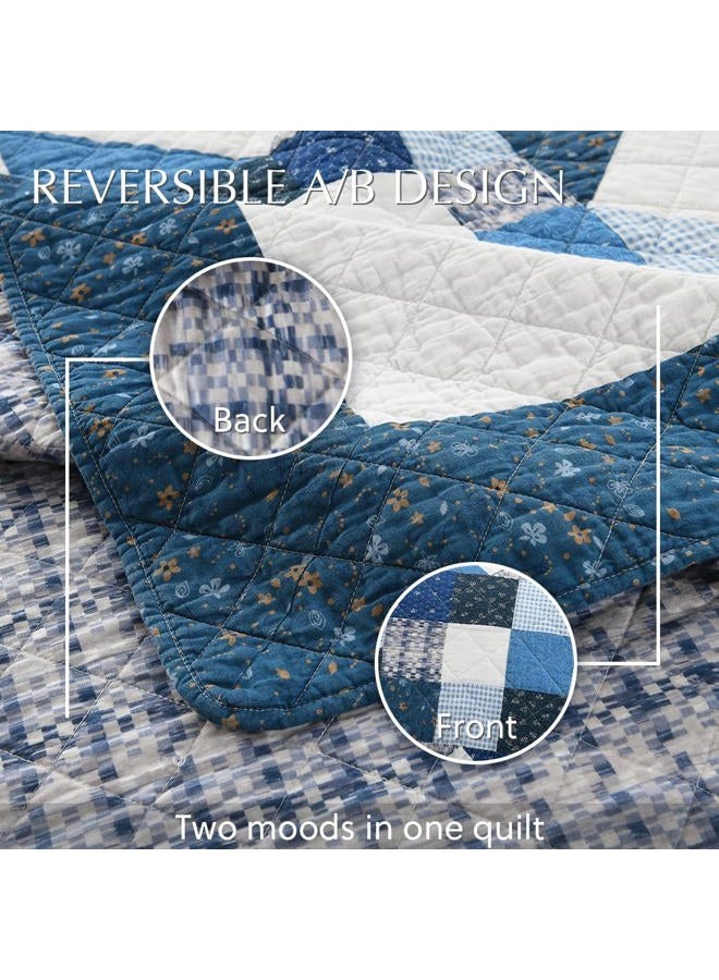 camandy Cotton Quilt Bedding Sets 3 Pieces Soft Reversible Coverlets Luxury Star Real Patchwork Bedspread, Blue White, King Size - Image 4