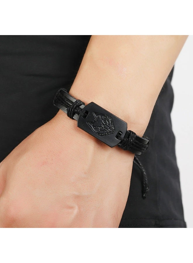 Goolsky Men’s Black Wolf Head Leather Bracelet – Multi-Layer Braided Wristband, Adjustable Leather Cuff Gift for Boyfriend - Image 4
