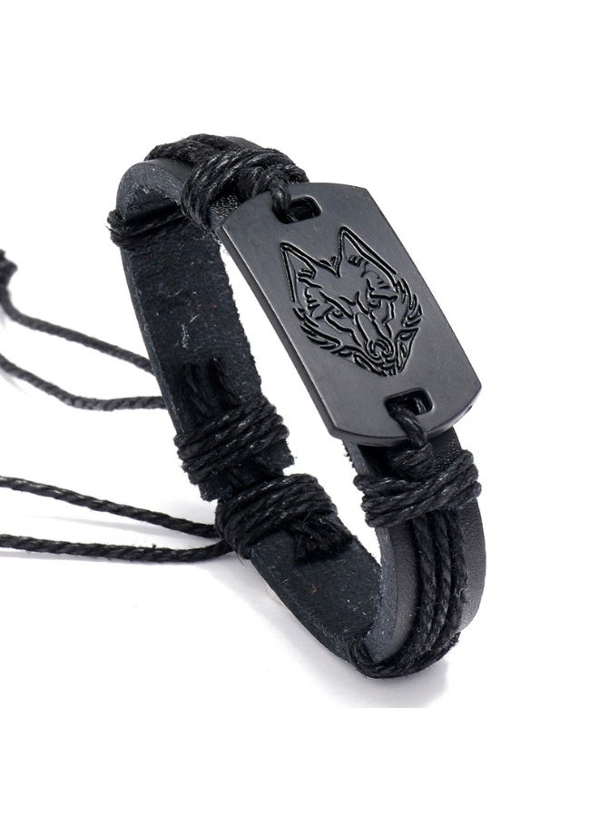 Goolsky Men’s Black Wolf Head Leather Bracelet – Multi-Layer Braided Wristband, Adjustable Leather Cuff Gift for Boyfriend - Image 1
