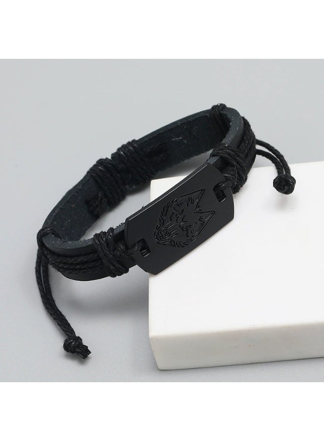 Goolsky Men’s Black Wolf Head Leather Bracelet – Multi-Layer Braided Wristband, Adjustable Leather Cuff Gift for Boyfriend - Image 2
