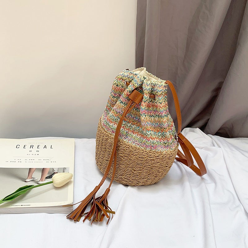 High-Quality New Straw Bucket Bag, Large-Capacity Hand-Woven Vacation Bag, Summer Beach Crossbody Shoulder Bag For Women - Image 3