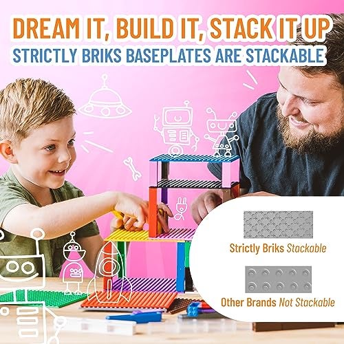 Strictly Briks Baseplate Set - Compatible with Lego, 10 x 10 inches 4 Baseplates with 30 Stackers, Stackable Baseplates Supports for Buildbing Bricks Blocks Custom Display Towers, Light Grey - Image 5