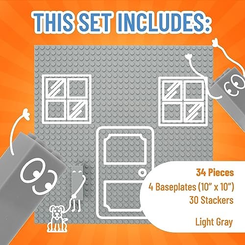 Strictly Briks Baseplate Set - Compatible with Lego, 10 x 10 inches 4 Baseplates with 30 Stackers, Stackable Baseplates Supports for Buildbing Bricks Blocks Custom Display Towers, Light Grey - Image 3