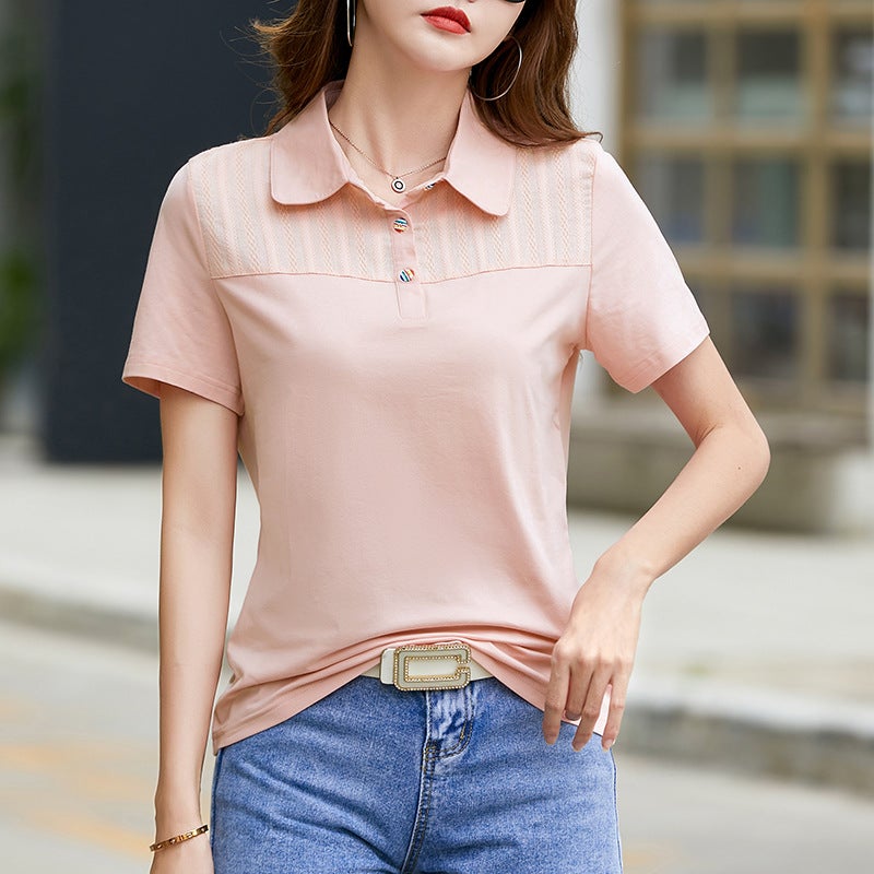 Pure cotton short sleeve polo shirt Womens thin 2023 Summer new mother slimming lapel casual large size womens clothing wholesale Pink  - Image 1