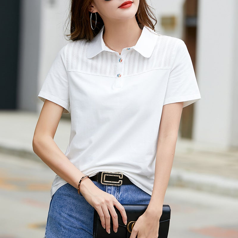 Pure cotton short sleeve polo shirt Womens thin 2023 Summer new mother slimming lapel casual large size womens clothing wholesale Pink  - Image 4