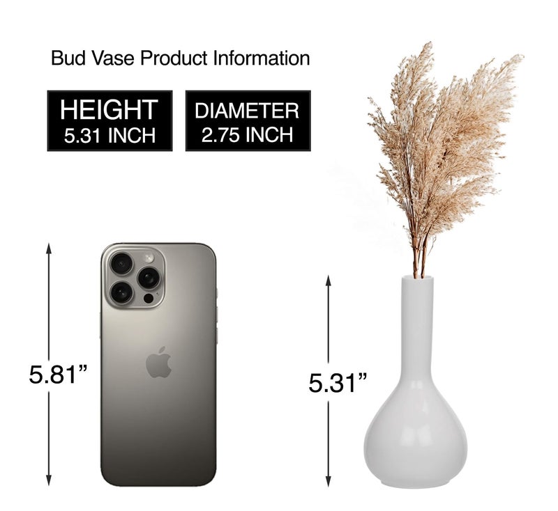 PUREZENTO Raindrop White Ceramic Bud Vase 5.31 Inch - Set of 1 | Glossy White Decorative Bud Vase for Dried Flowers & Pampas Grass | Vases for Modern Home Decor, Living Room, Office Decor & Gifting - Image 2