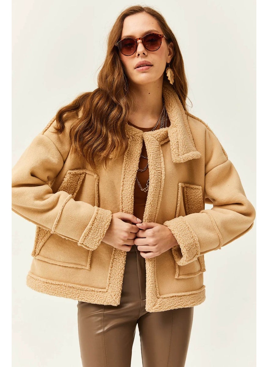 Tena Women's Beige Stand Collar Furry Sleeve and Pocket Fold Coat  - Image 3