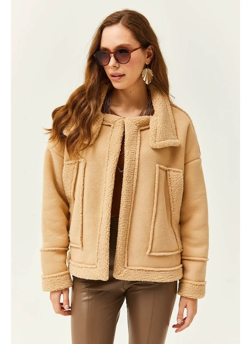 تينا Women's Beige Stand Collar Furry Sleeve and Pocket Fold Coat