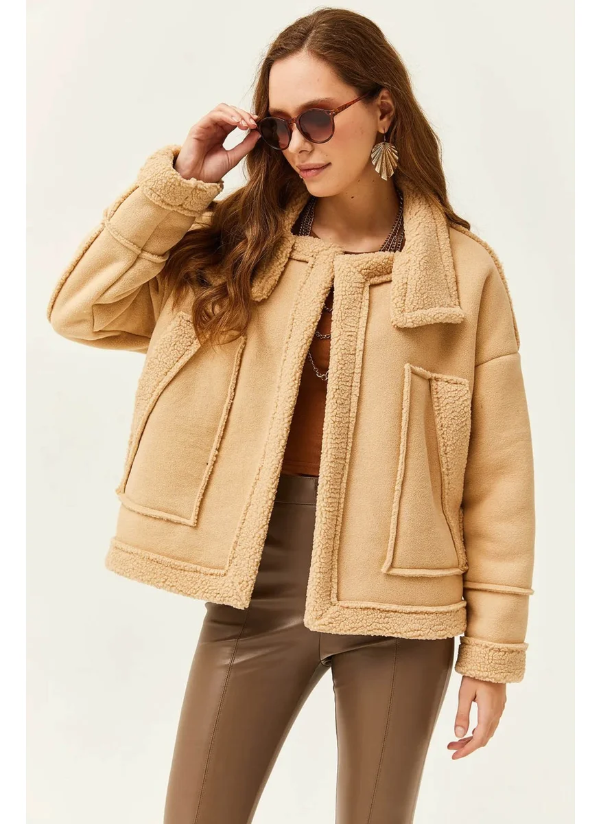 تينا Women's Beige Stand Collar Furry Sleeve and Pocket Fold Coat