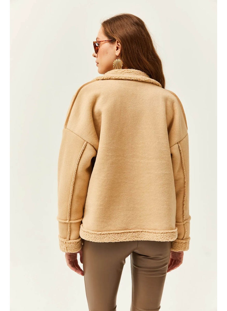 Tena Women's Beige Stand Collar Furry Sleeve and Pocket Fold Coat  - Image 5