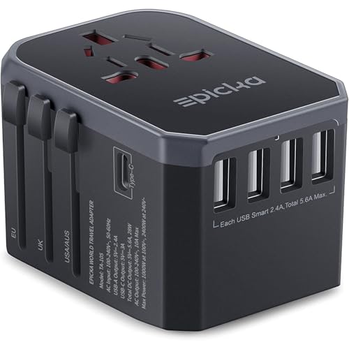 EPICKA Universal Travel Adapter, European Travel Plug Adapter (Not a Voltage Converter) - International Power Adapter Worldwide Charger with USB-C & 4 USB-A Ports, Travel Essentials (TA-105, Grey) - Image 1