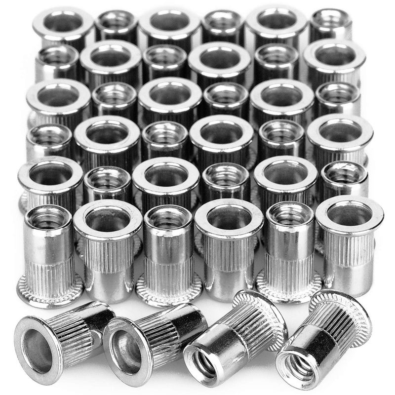 Anwenk 40Pcs 1/4”-20 Rivet Nuts Stainless Steel Threaded Insert Nut 1/4-20UNC Nutsert Rivnuts Flat Head Knurled Body - Image 1