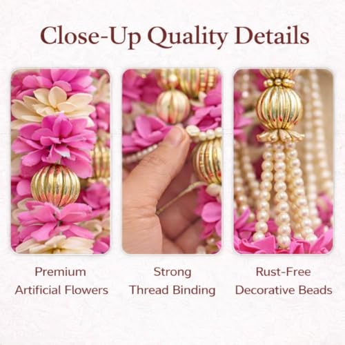 Abhaas Decorative Hanging for Main Door | Pooja Room & Mandir Decoration | 4Pcs Wall Hanging | Home Entrance Decor | Festival Garlands for Diwali, Wedding & Traditional Door Decor (Pink Hanging) - Image 3