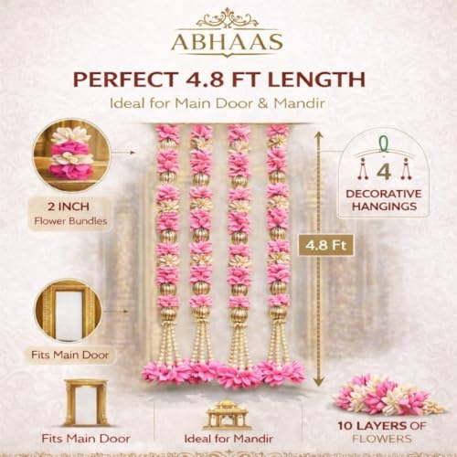 Abhaas Decorative Hanging for Main Door | Pooja Room & Mandir Decoration | 4Pcs Wall Hanging | Home Entrance Decor | Festival Garlands for Diwali, Wedding & Traditional Door Decor (Pink Hanging) - Image 2