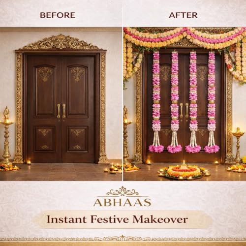 Abhaas Decorative Hanging for Main Door | Pooja Room & Mandir Decoration | 4Pcs Wall Hanging | Home Entrance Decor | Festival Garlands for Diwali, Wedding & Traditional Door Decor (Pink Hanging) - Image 4