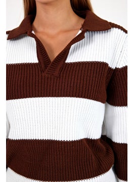 Cool Tarz Cool Style Women Striped Comfort V Polo Neck Sweater  - Image 3