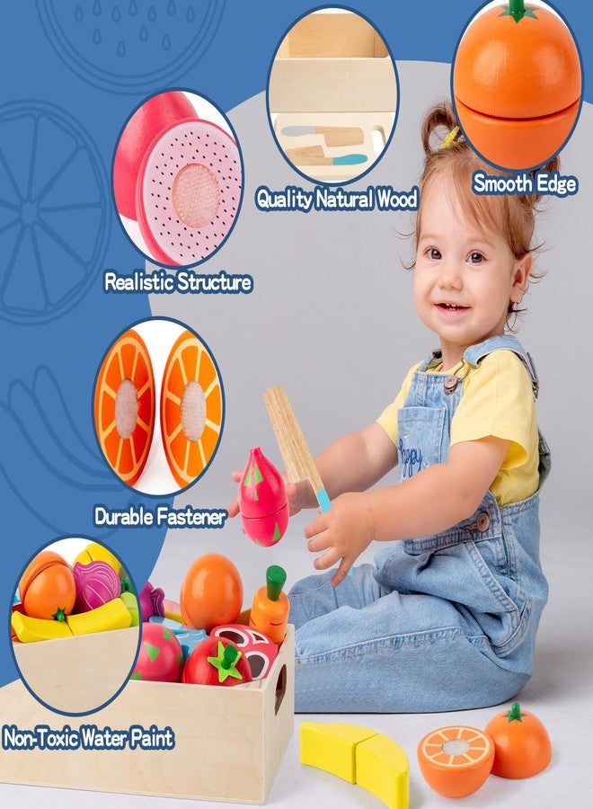 Busy edition 32 Pcs Wooden Play Food Sets for Kids Kitchen Accessories, Montessori Educational Toys Food, Pretend Play Food for Toddlers, Velcro Fruits and Vegetables Cutting Set for Kids Boys Girls - Image 2