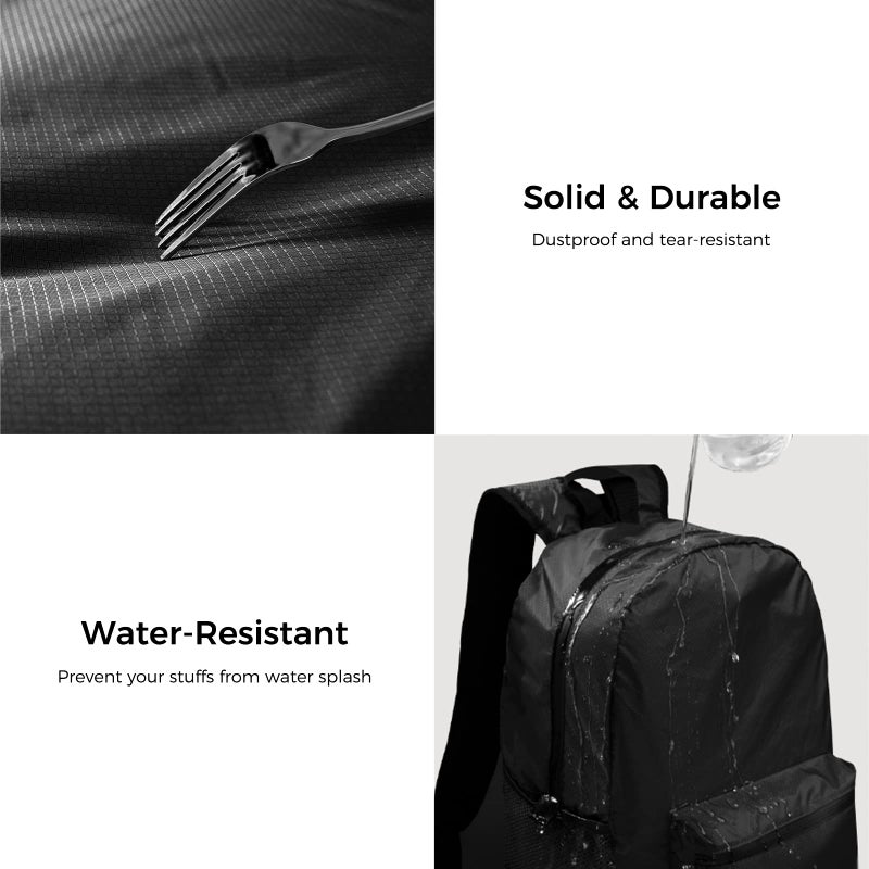 pack all 20L Lightweight Packable Backpack, Water Resistant Foldable Backpack, Travel Hiking Daypack with Waterproof Zippers (Black) - Image 2