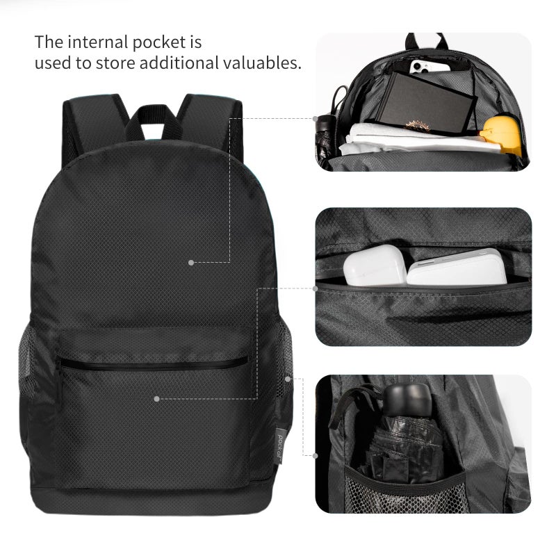pack all 20L Lightweight Packable Backpack, Water Resistant Foldable Backpack, Travel Hiking Daypack with Waterproof Zippers (Black) - Image 4