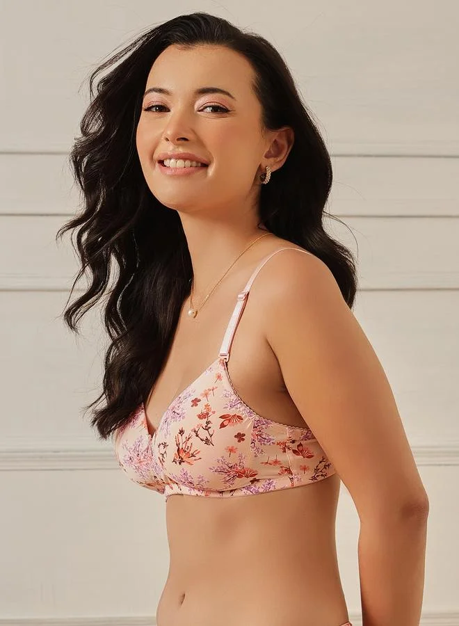 كلوفيا Peach Floral Print Padded Full Coverage T-shirt Bra