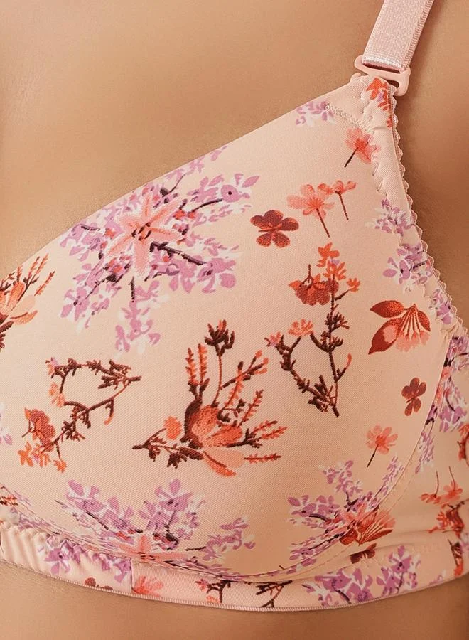 Clovia  Peach Floral Print Padded Full Coverage T-shirt Bra for Women | Best Price UAE