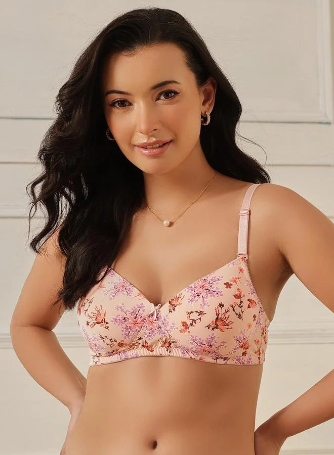 كلوفيا Peach Floral Print Padded Full Coverage T-shirt Bra