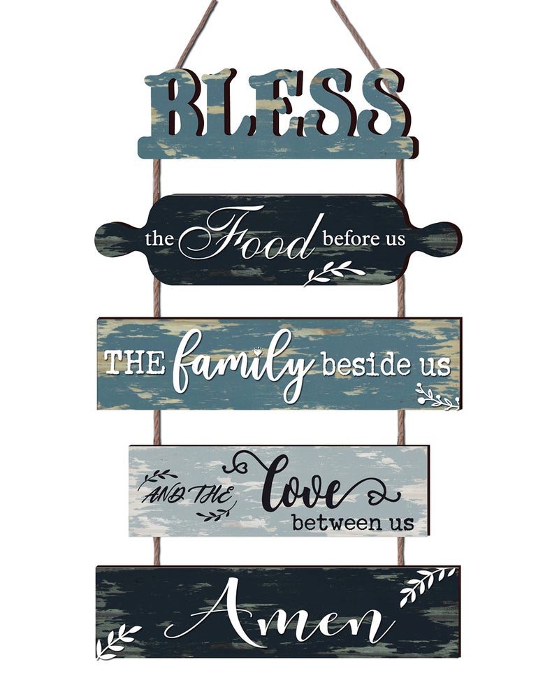 Buecasa Bless the Food Before Us Farmhouse Kitchen Wall Decor Dining Room Decorations Collage Art in Teal Blue Color Wooden Rustic 5pcs Roped Sign 13x24 Inches Vertical