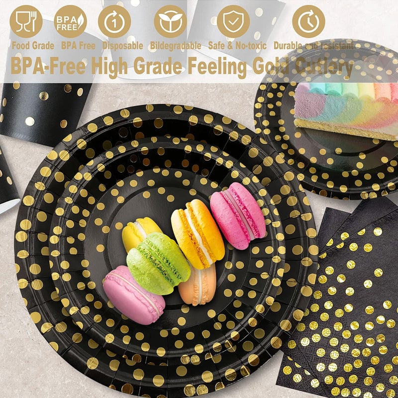 AIRE 175PCS Black and Gold Paper Plates Party Supplies for 25 Guests Disposable Party Decorations Dinnerware Golden Dot Black Paper Plates Napkins Cups Gold Plastic Forks Knives Spoons for Parties - Image 3