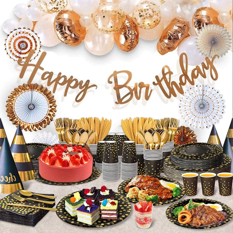 AIRE 175PCS Black and Gold Paper Plates Party Supplies for 25 Guests Disposable Party Decorations Dinnerware Golden Dot Black Paper Plates Napkins Cups Gold Plastic Forks Knives Spoons for Parties - Image 5