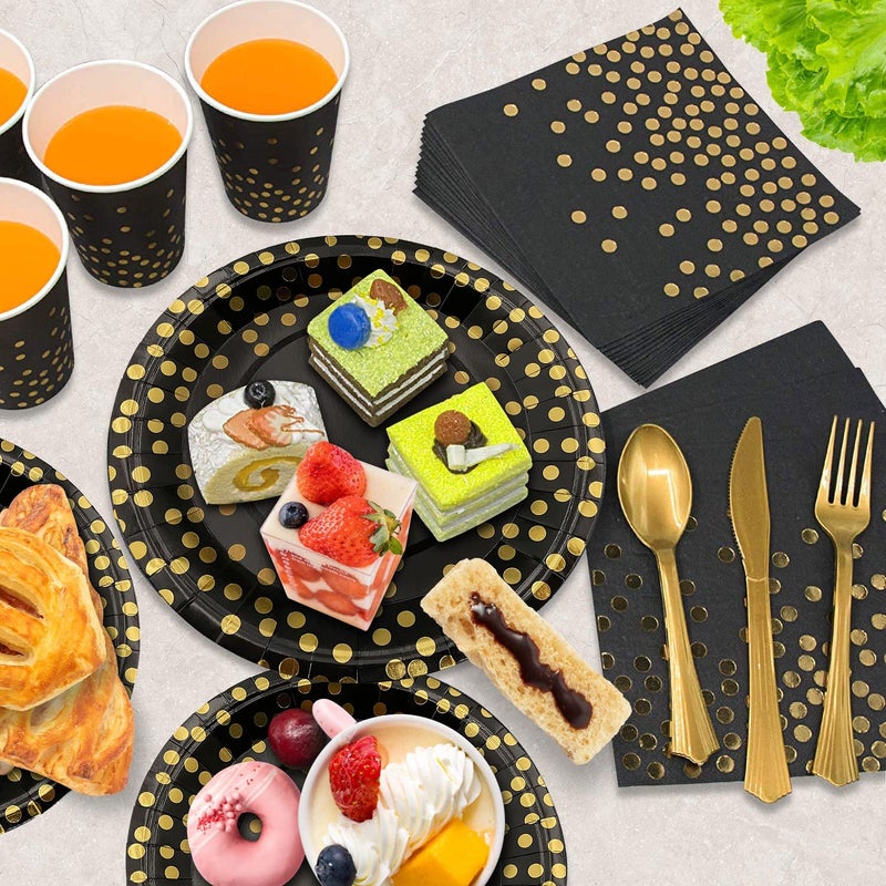 AIRE 175PCS Black and Gold Paper Plates Party Supplies for 25 Guests Disposable Party Decorations Dinnerware Golden Dot Black Paper Plates Napkins Cups Gold Plastic Forks Knives Spoons for Parties - Image 4